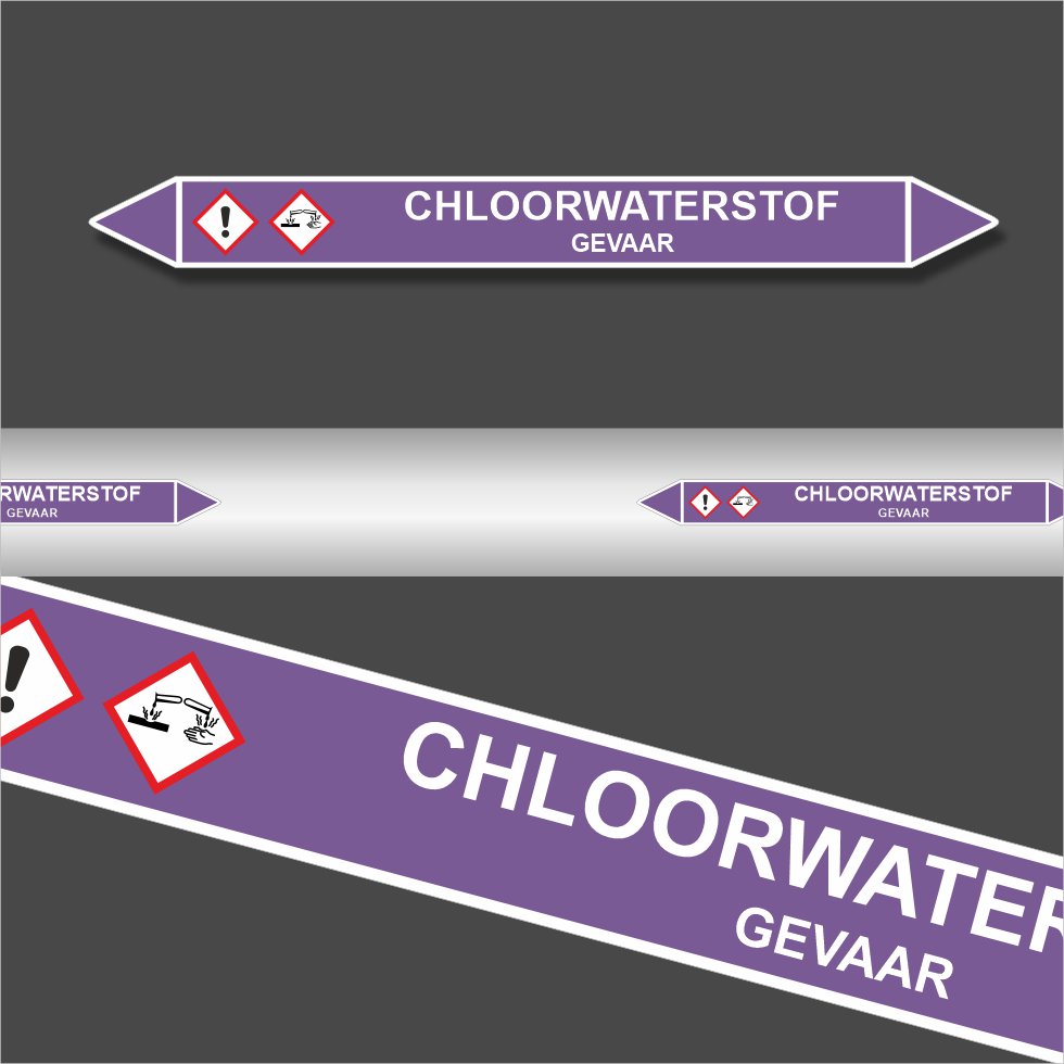Leidingstickers Leidingmarkering Chloorwaterstof (Basen) Leidingstickers Leidingmarkering Chloorwaterstof (Basen)