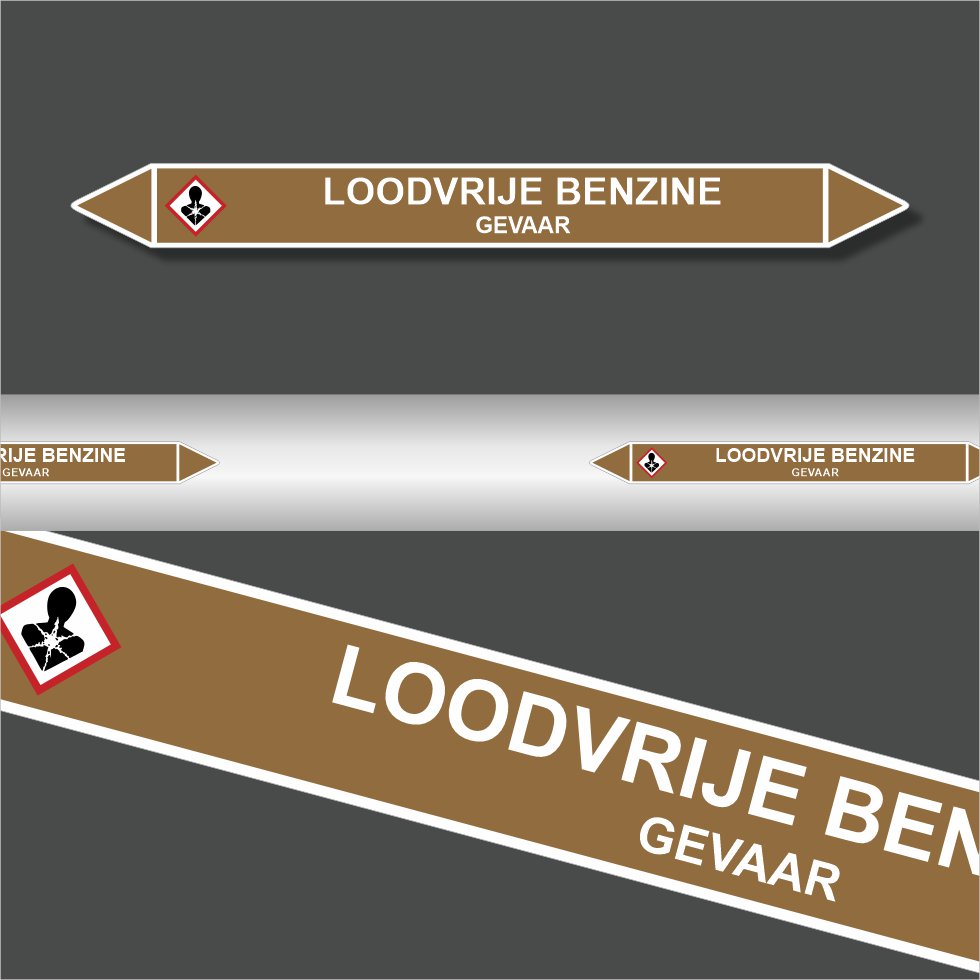 Leidingstickers Leidingmarkering Loodvrije Benzine (Ontvlambare vloeistoffen) Leidingstickers Leidingmarkering Loodvrije Benzine (Ontvlambare vloeistoffen)