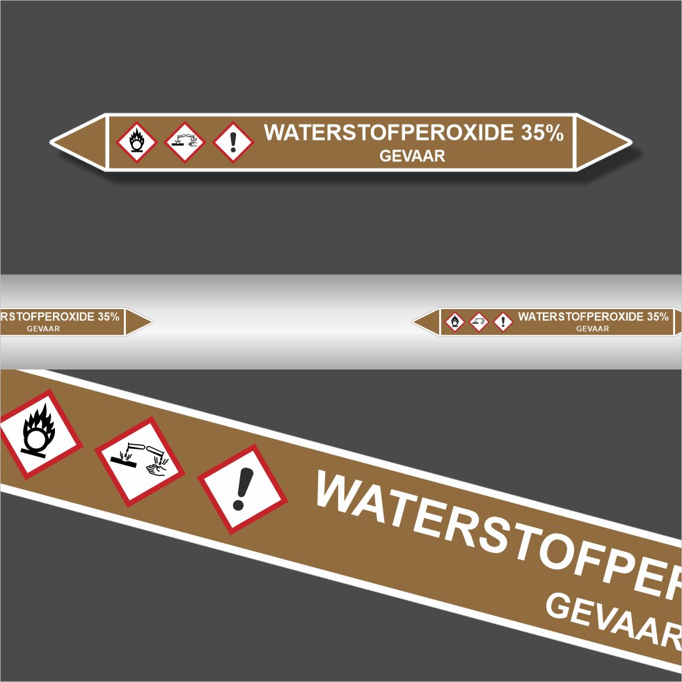 Leidingstickers Leidingmarkering Waterstofperoxide 35% (Ontvlambare vloeistoffen) Leidingstickers Leidingmarkering Waterstofperoxide 35% (Ontvlambare vloeistoffen)